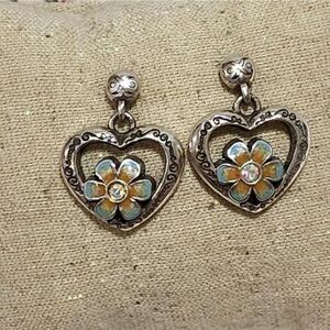 Brighton Orchard Bloom Silver‎ Heart Flower Drop Earrings Blue Orange Crystal